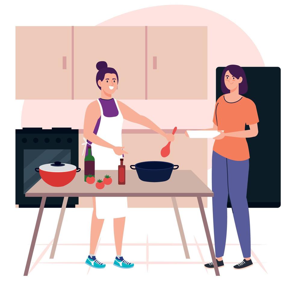 kvinnor matlagning använder sig av förkläde, i de kök scen vektor