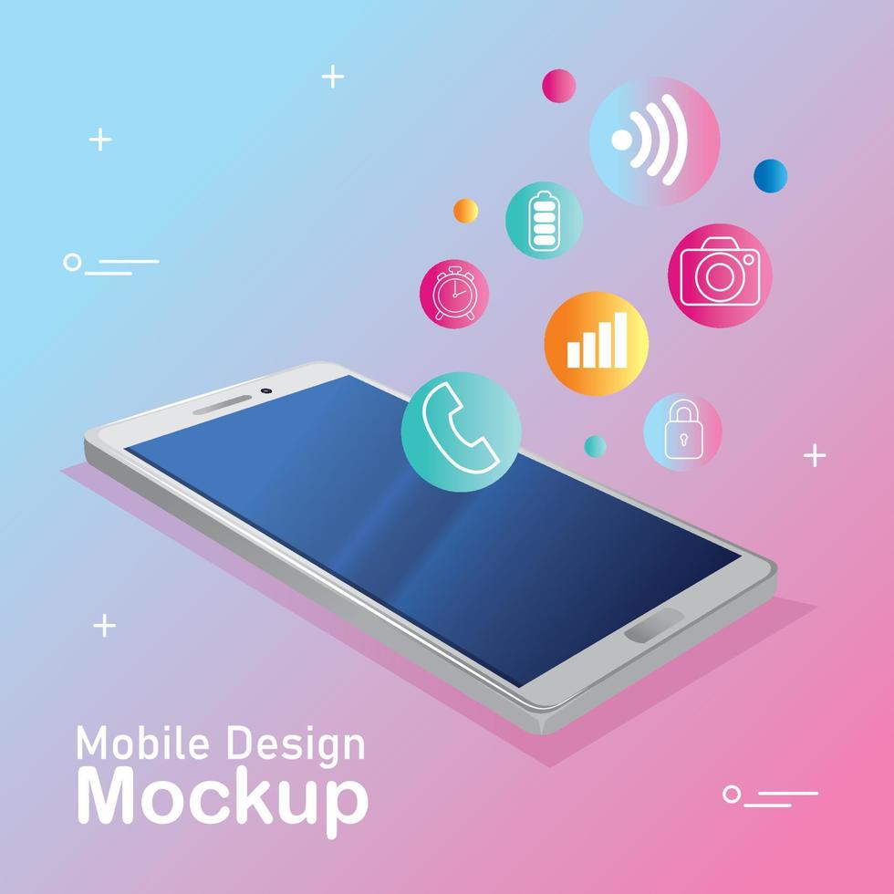 Poster Mobile Design Mockup, realistisches Smartphone mit Symbolen vektor