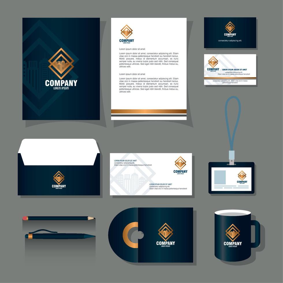 Corporate Identity Brand Mockup, Schreibwaren liefern schwarze Farbe mit goldenem Schild vektor