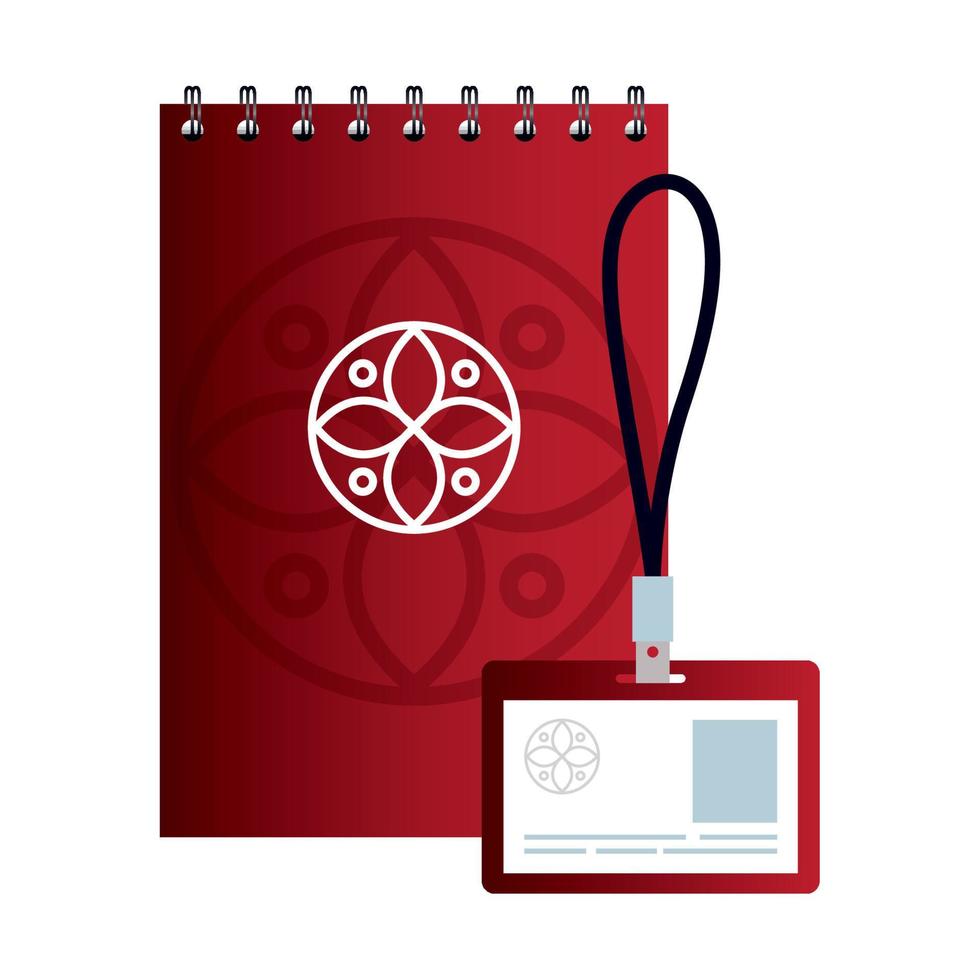 mockup-id-abzeichen und notizbuch rote farbe mit weißem schild, corporate identity vektor