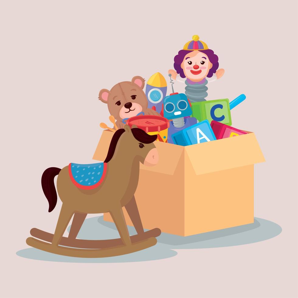 barn leksaker, trä- häst och leksaker i låda kartong vektor