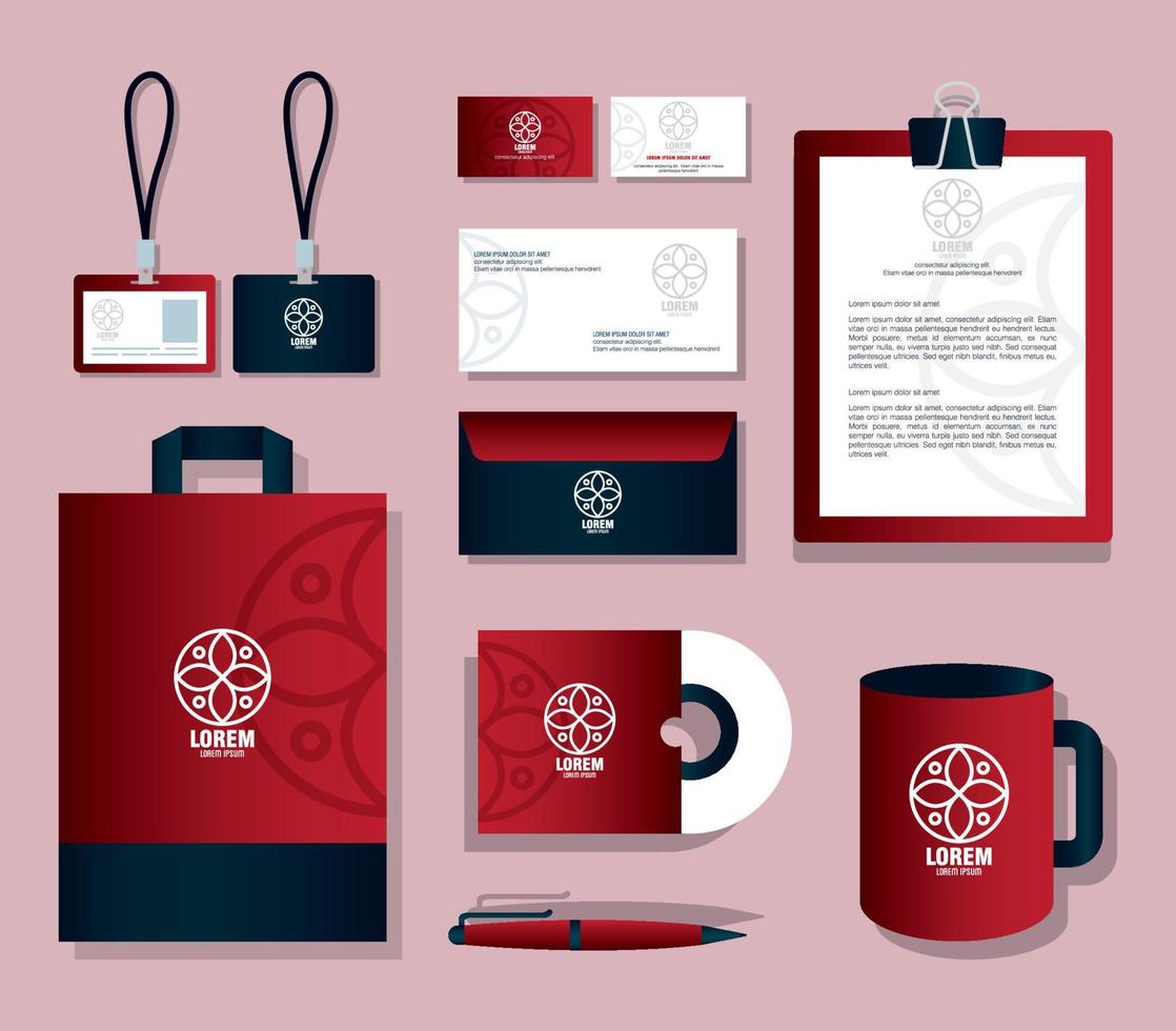 mockup-briefpapier liefert farbe rot mit schild weiß, markenmockup-identität unternehmen vektor