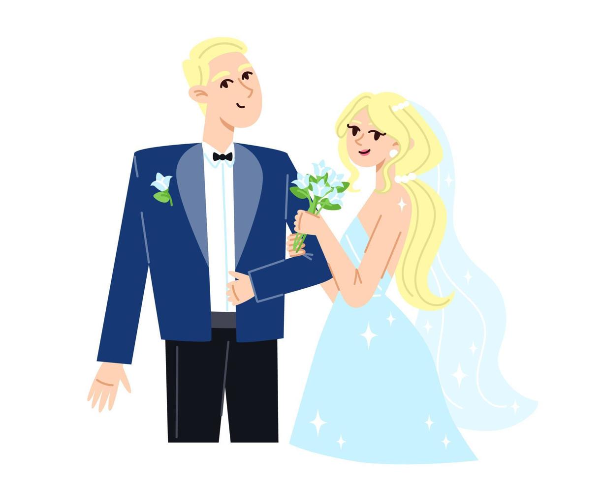 braut mit einem blumenstrauß und bräutigam bei der hochzeit, flache illustration vektor