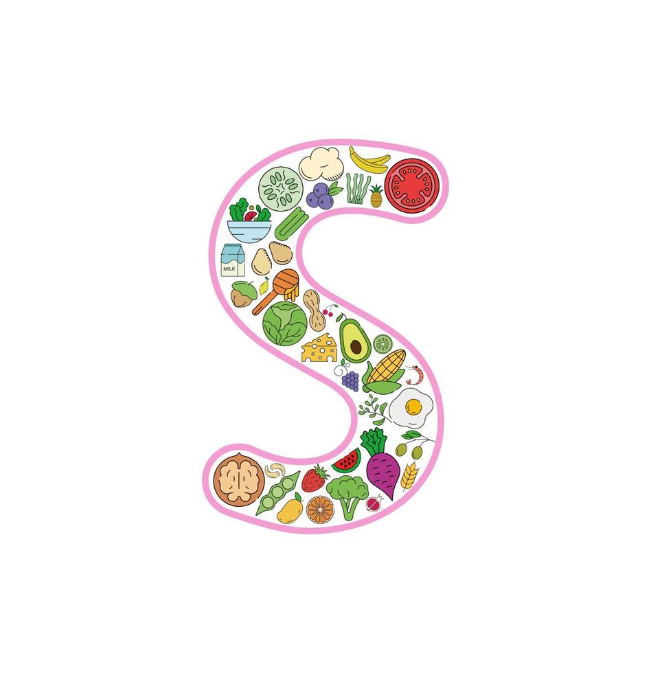 Essen und trinken Collage-Icon-Set aus Buchstaben s. Vektorsatz essentieller Allergene und Symbole für Diätlinien. editierbares essen-symbol-set. vektor