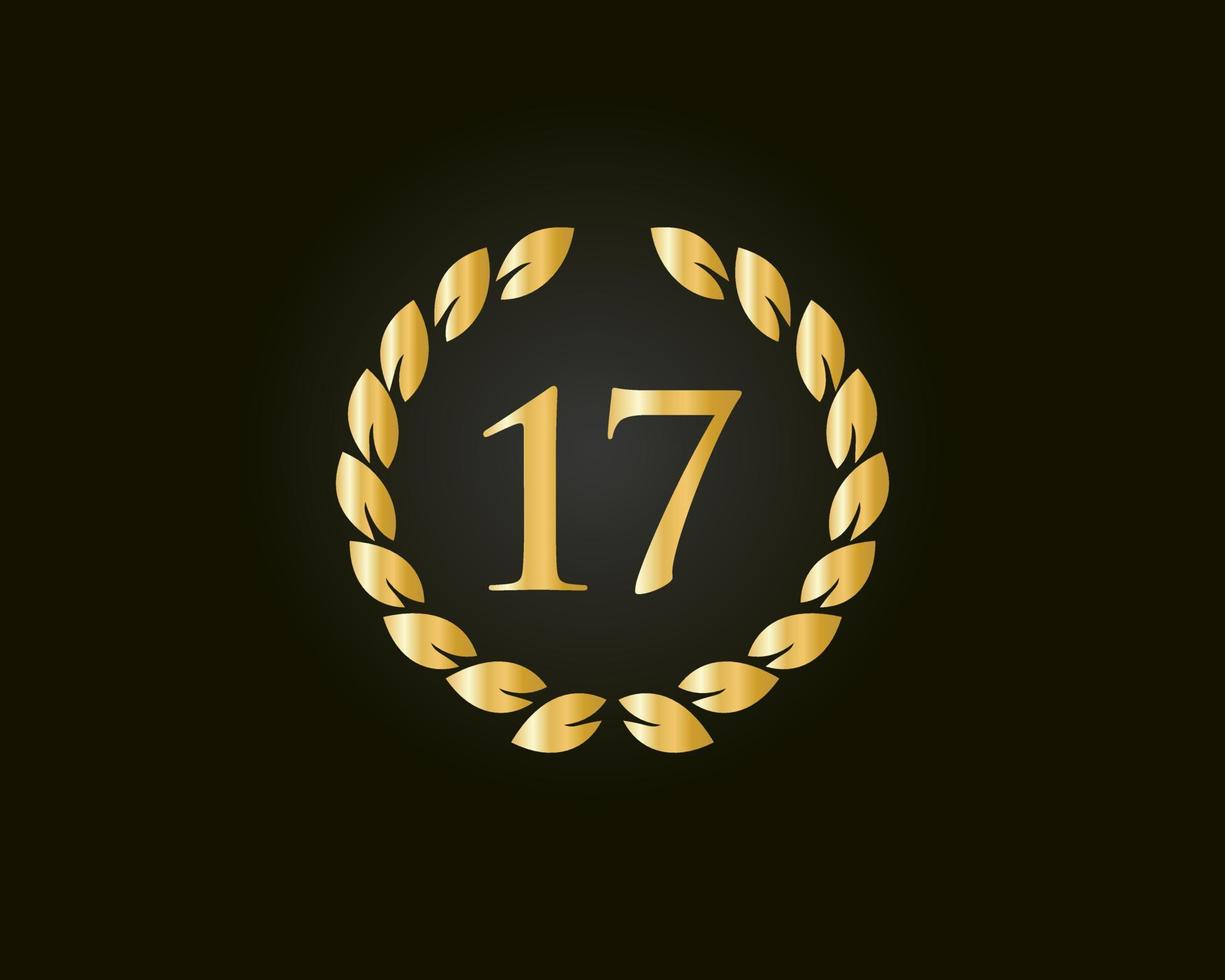 17:e år årsdag logotyp med gyllene ringa isolerat på svart bakgrund, för födelsedag, årsdag och företag firande vektor