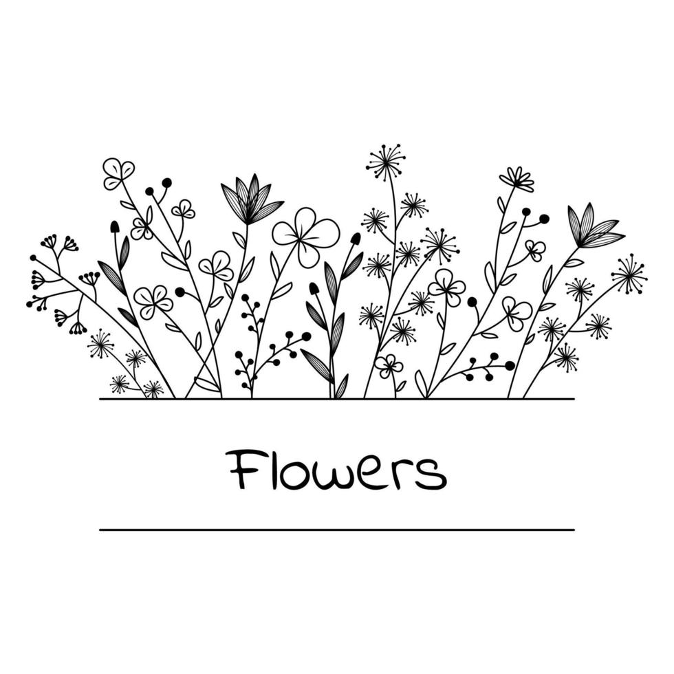 floraler handgezeichneter Rahmen. Logo. Umrissene Doodle-Blumen und Blätter, Rahmen für Ihren Text. Vektorillustration auf weißem Hintergrund vektor