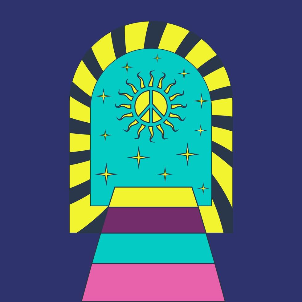 bakgrund, ikon, klistermärke i hippie stil med Port, regnbåge väg med Sol och stjärnor. vektor