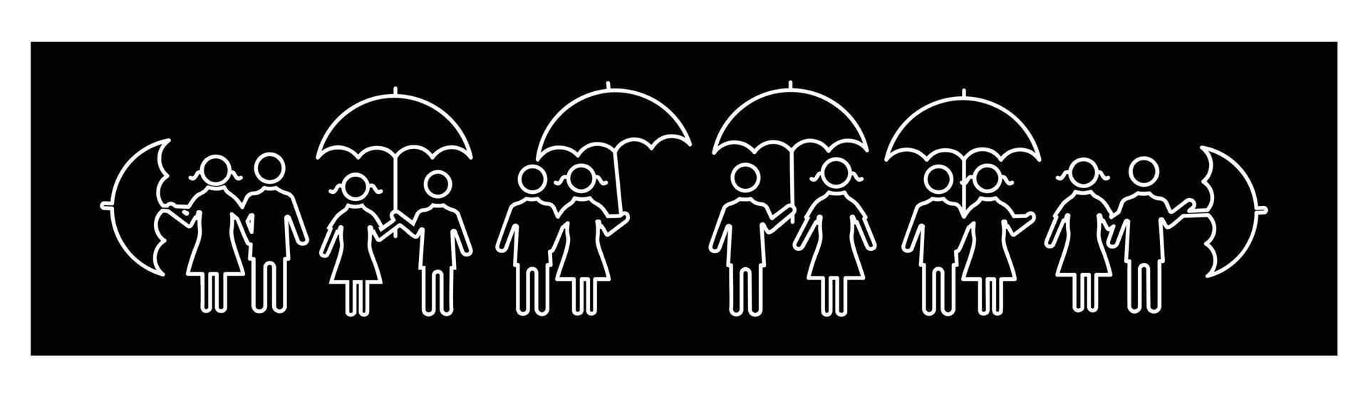 Mann und Frau mit Regenschirm-Icon-Set, männlich und weiblich unter dem Regen in verschiedenen Posen-Icons für Design auf schwarzem Hintergrund. vektor