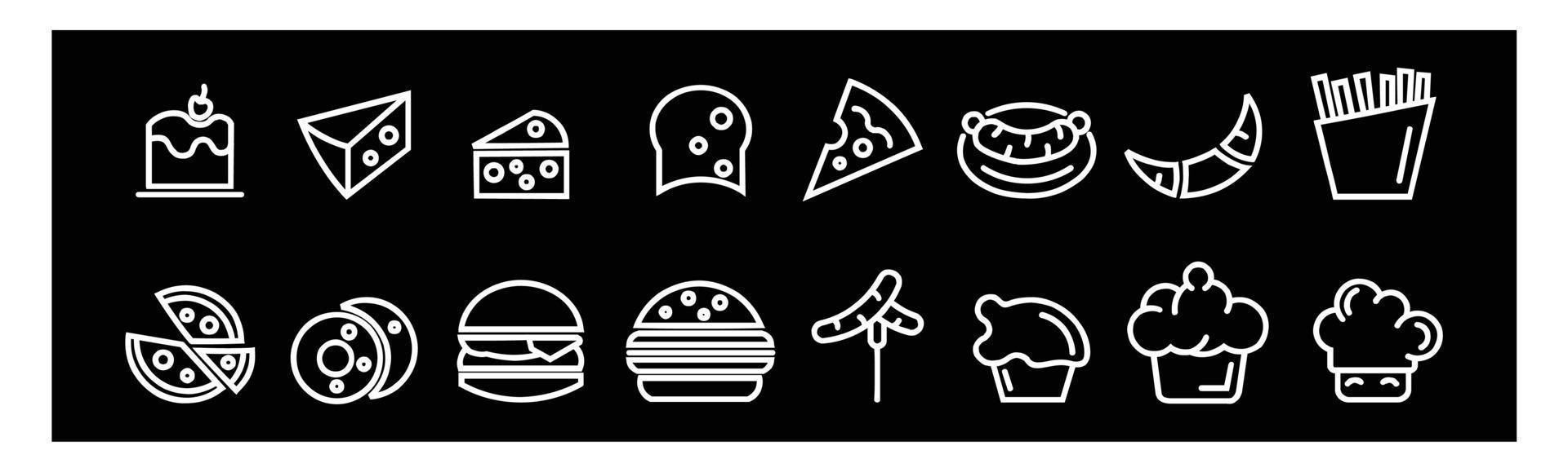 flaches Logo-Icon-Set für Speisen und Getränke, gesunde Symbole im Restaurantmenü für Design auf schwarzem Hintergrund. vektor