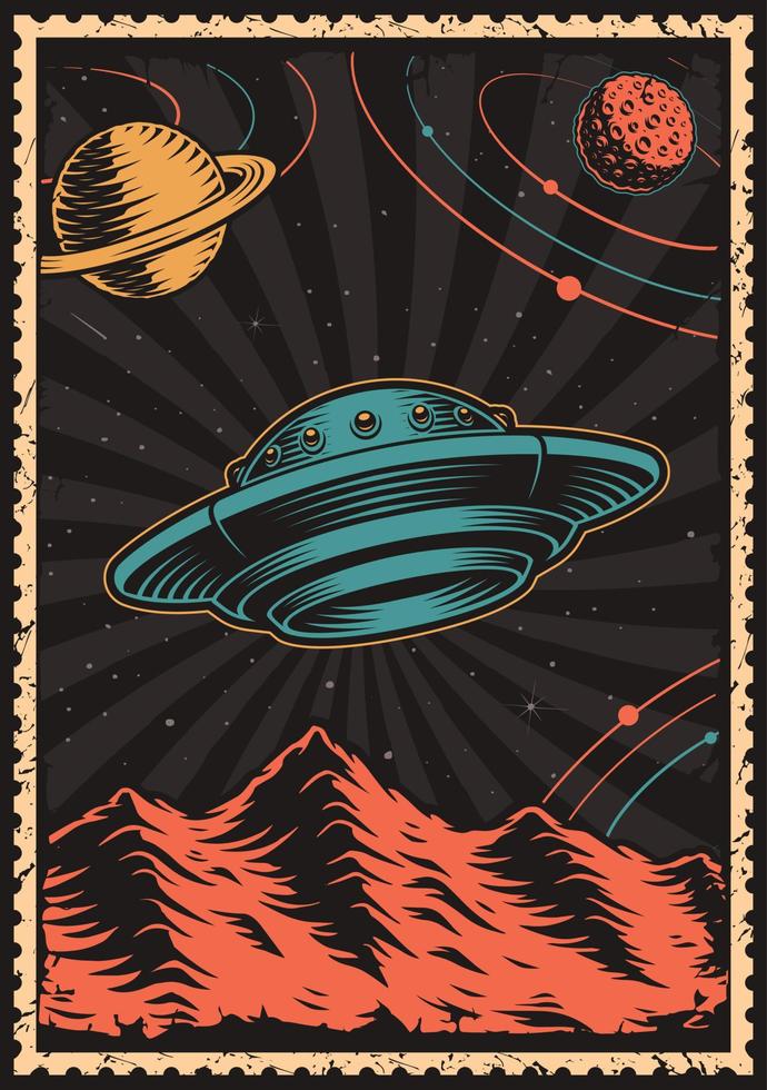 årgång UFO affisch med flygande fat. vektor