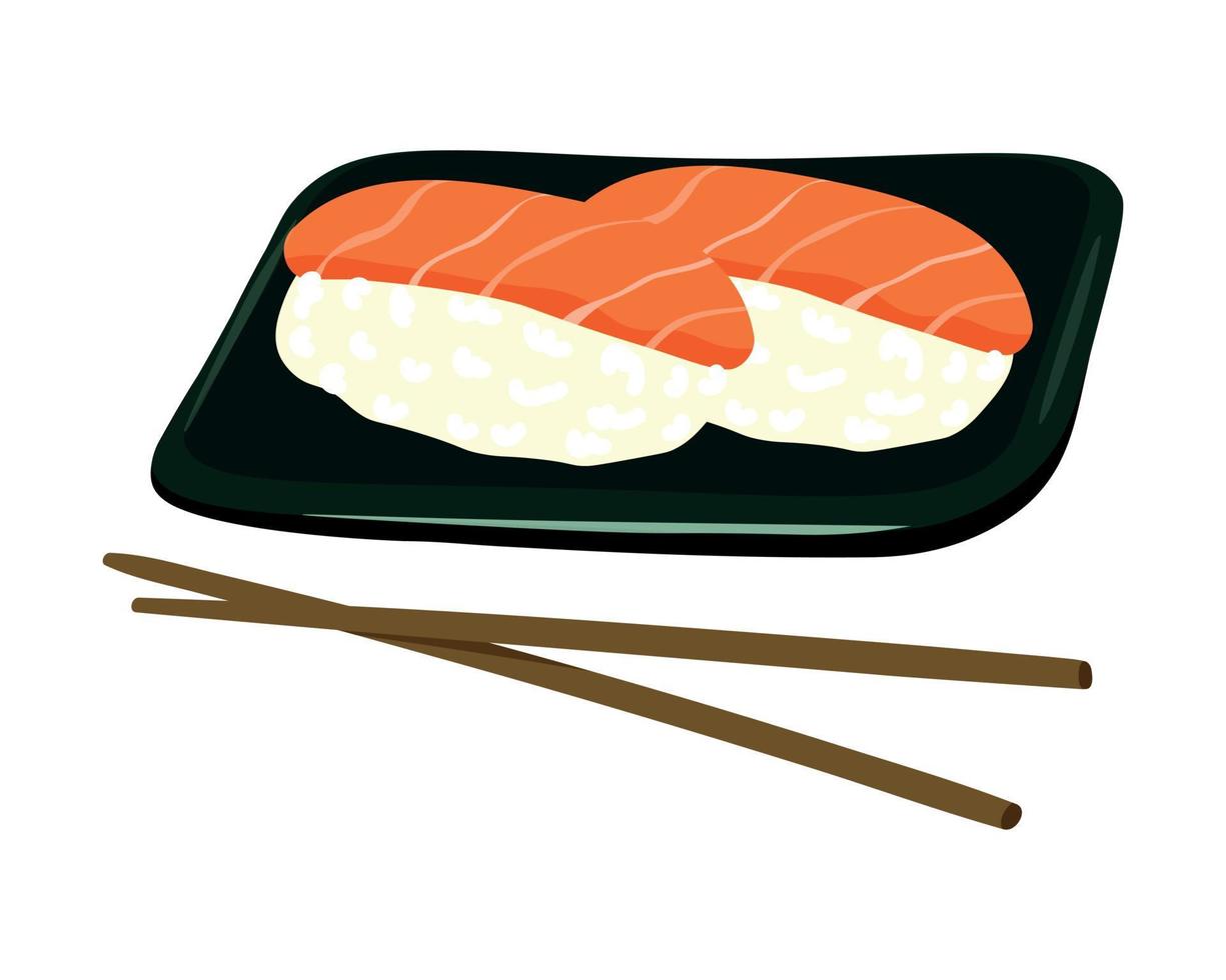 vektor illustration av japansk sushi på mörk tallrik med pinnar. traditionell japansk mat