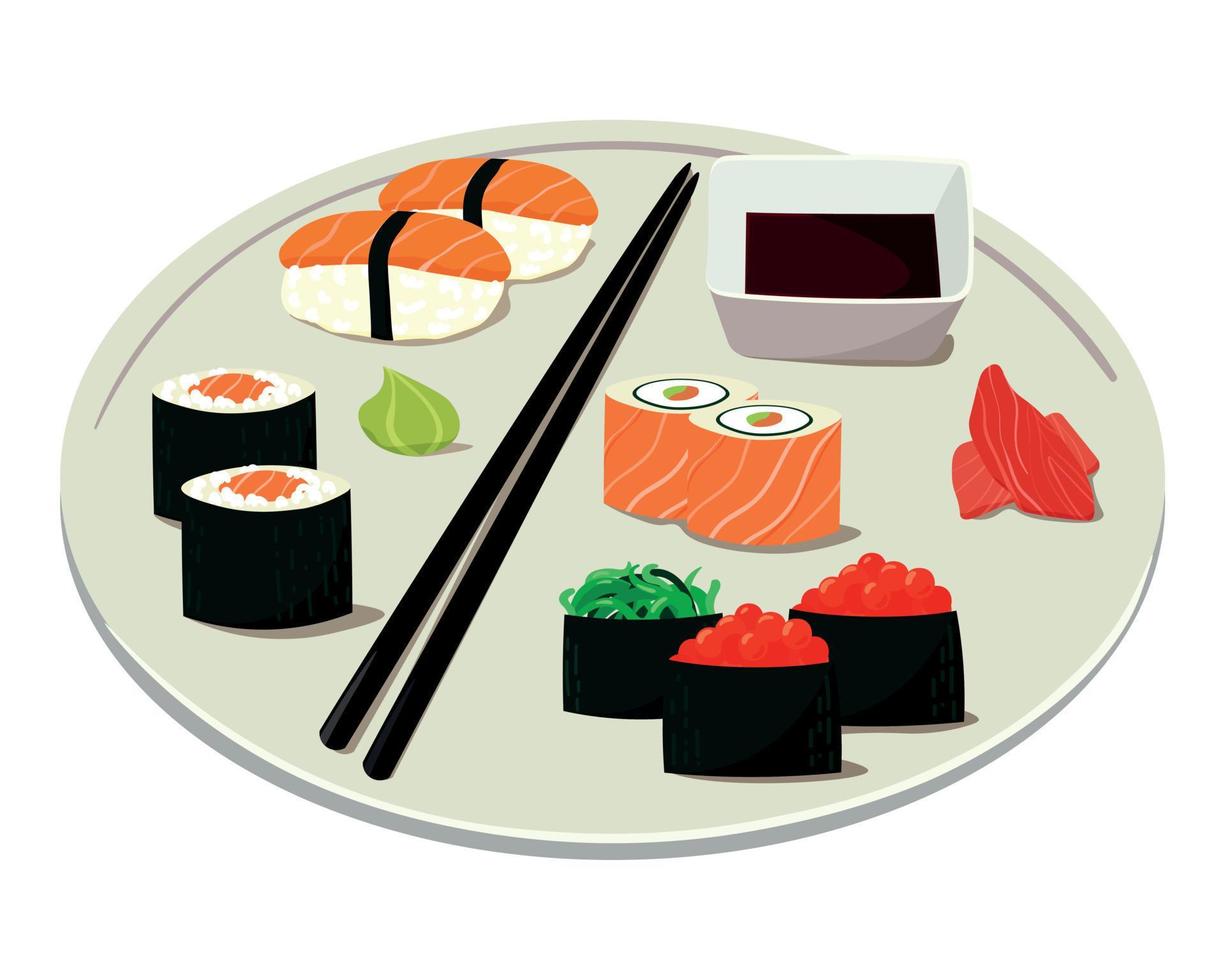 illustration av stor tallrik med traditionell japansk mat. illustration av japansk lax sushi och rullar och sashimi vektor