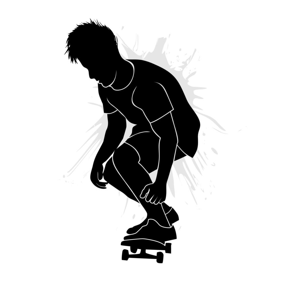 Silhouette des Skateboardfahrers, der an Bord eisläuft, isoliert auf weißem Hintergrund vektor