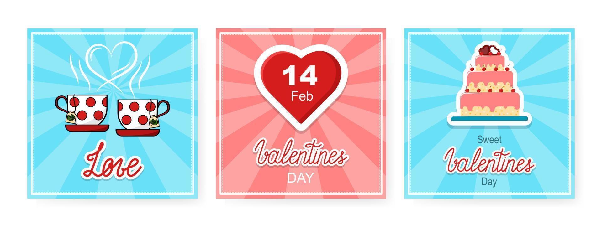 Vektor Happy Valentines Banner gesetzt. drei klassische quadratische postkarten für den 14. februar.