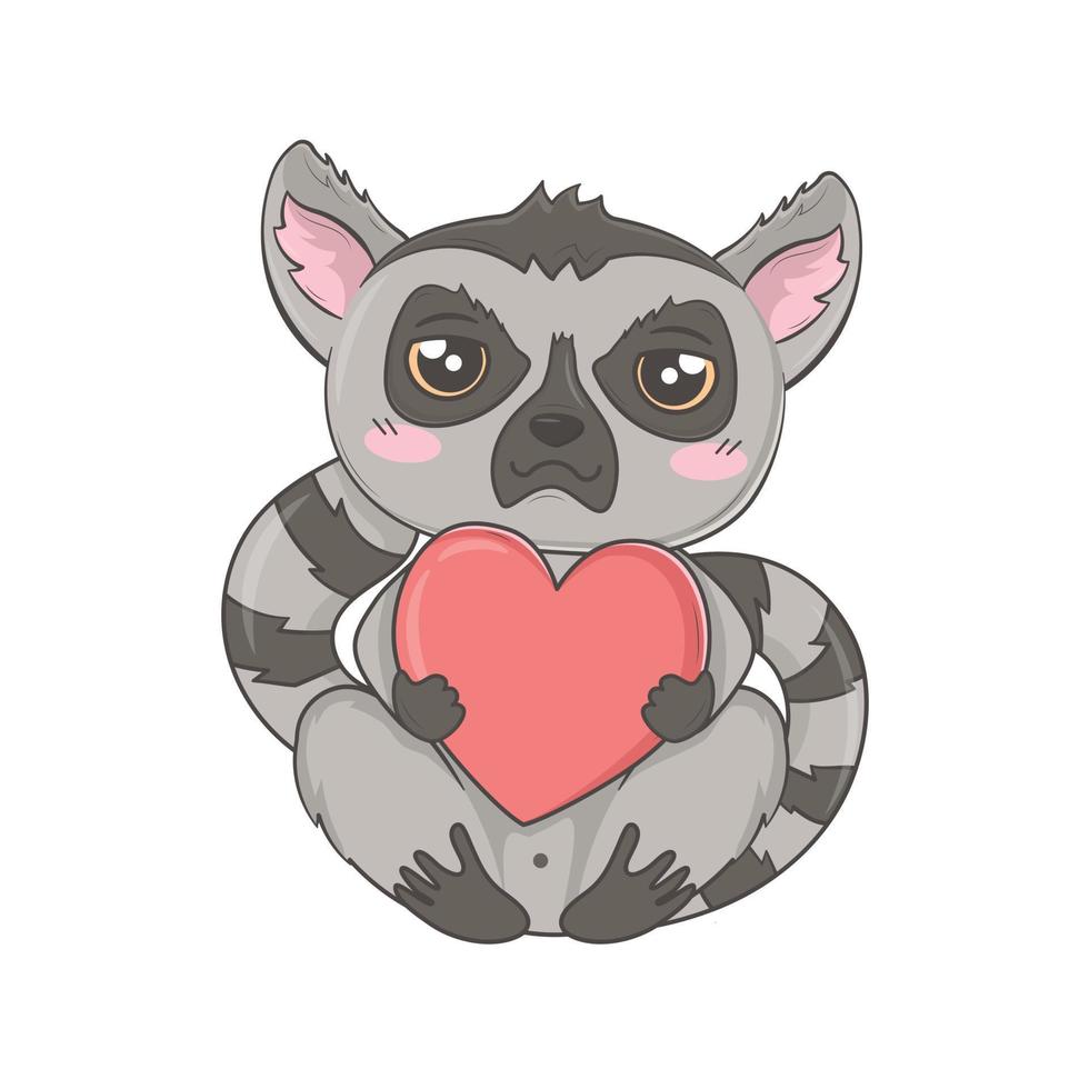 niedlicher Cartoon-Lemur, der ein großes Herz umarmt vektor
