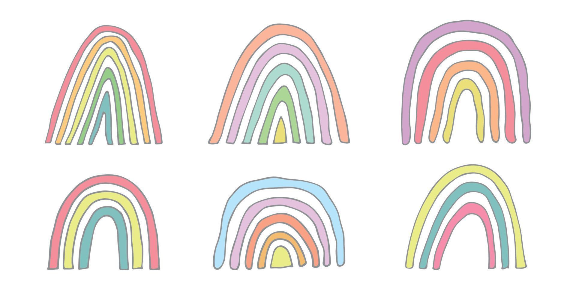hand dragen pastell regnbåge uppsättning. dekorativ element för hälsning kort, barn och bebis kläder skriva ut vektor