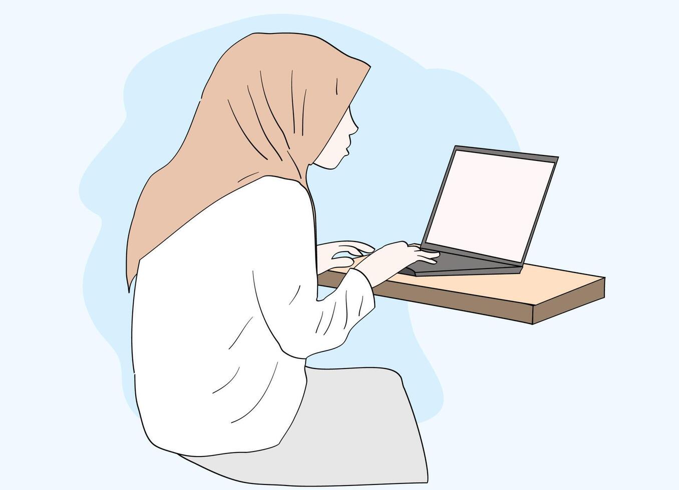 ein Mädchen in einem Hijab, das ihre Hausaufgaben vor einem Laptop macht vektor