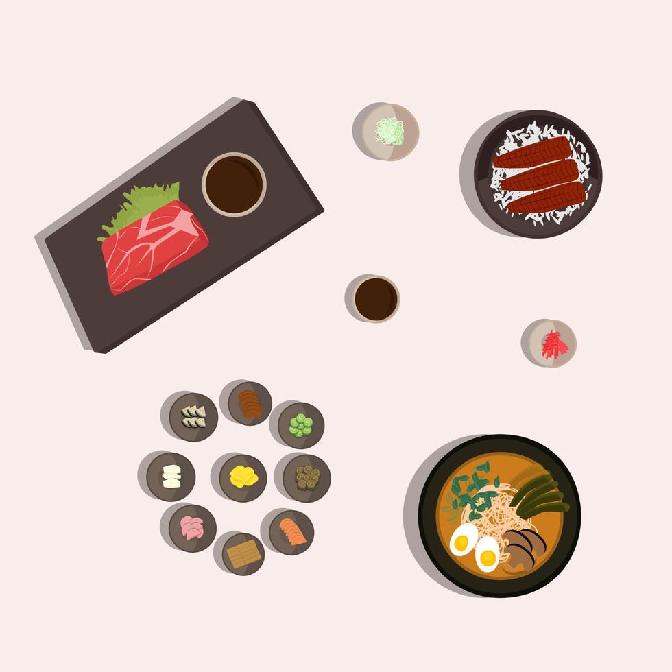 japansk nationell kök, ål i unagi sås, kobe biff och tsukemono, miso soppa. vektor illustration.