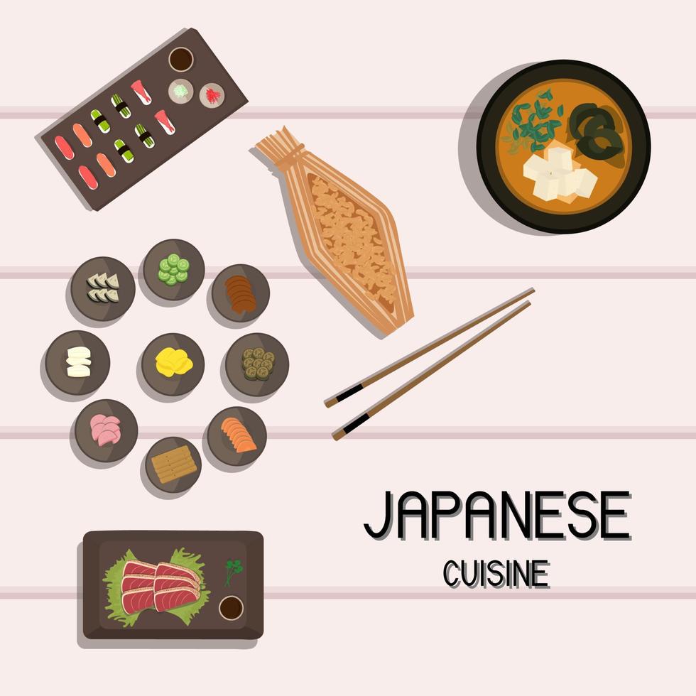 japansk nationell kök, miso soppa, sushi och natto bönor, lax biff och tsukemono. vektor illustration.