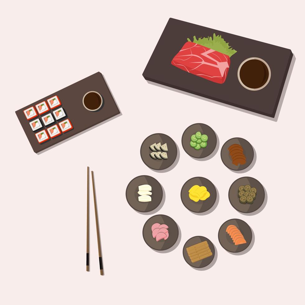 vektorillustration der japanischen nationalen küche, shabu-shabu und sushi, kobe-rindfleisch und tsukemono. vektor
