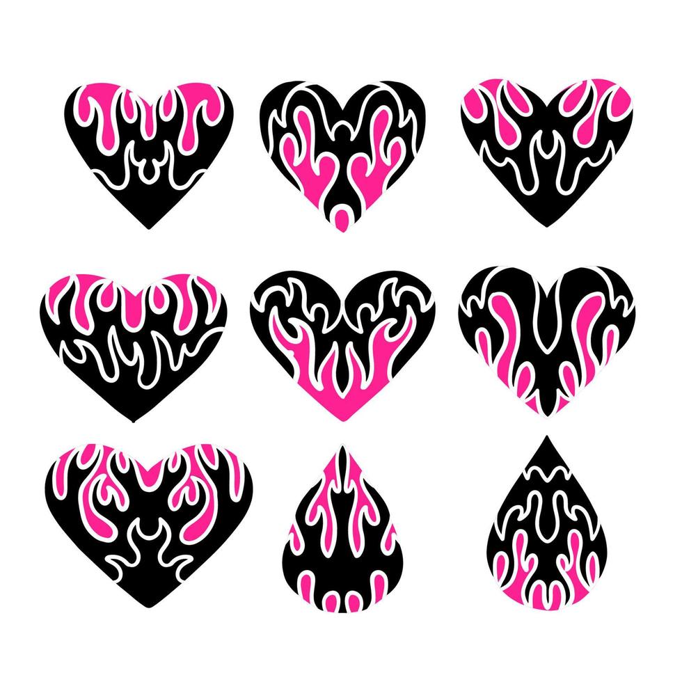 uppsättning av flamma hjärtan ikoner, svart och magenta rosa Färg silhuett isolerat på vit bakgrund. årgång y2k, 90s tatuering stil. hand dragen vektor illustration logotyper samling.