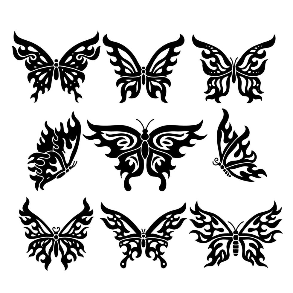 Flamme Schmetterlinge Silhouetten gesetzt. y2k, 90er Jahre flattern Schmetterlinge Tattoo-Kunst Vektorillustrationen. Emo- oder Gothic-Sublimationssammlung. vektor