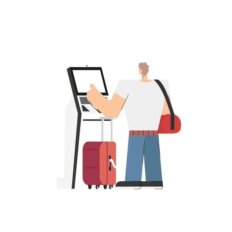 passagerare använder sig av själv kolla upp i kiosk för utskrift ombordstigning passera plan biljett och läser in bagage redo för avresa i flygplats terminal vektor