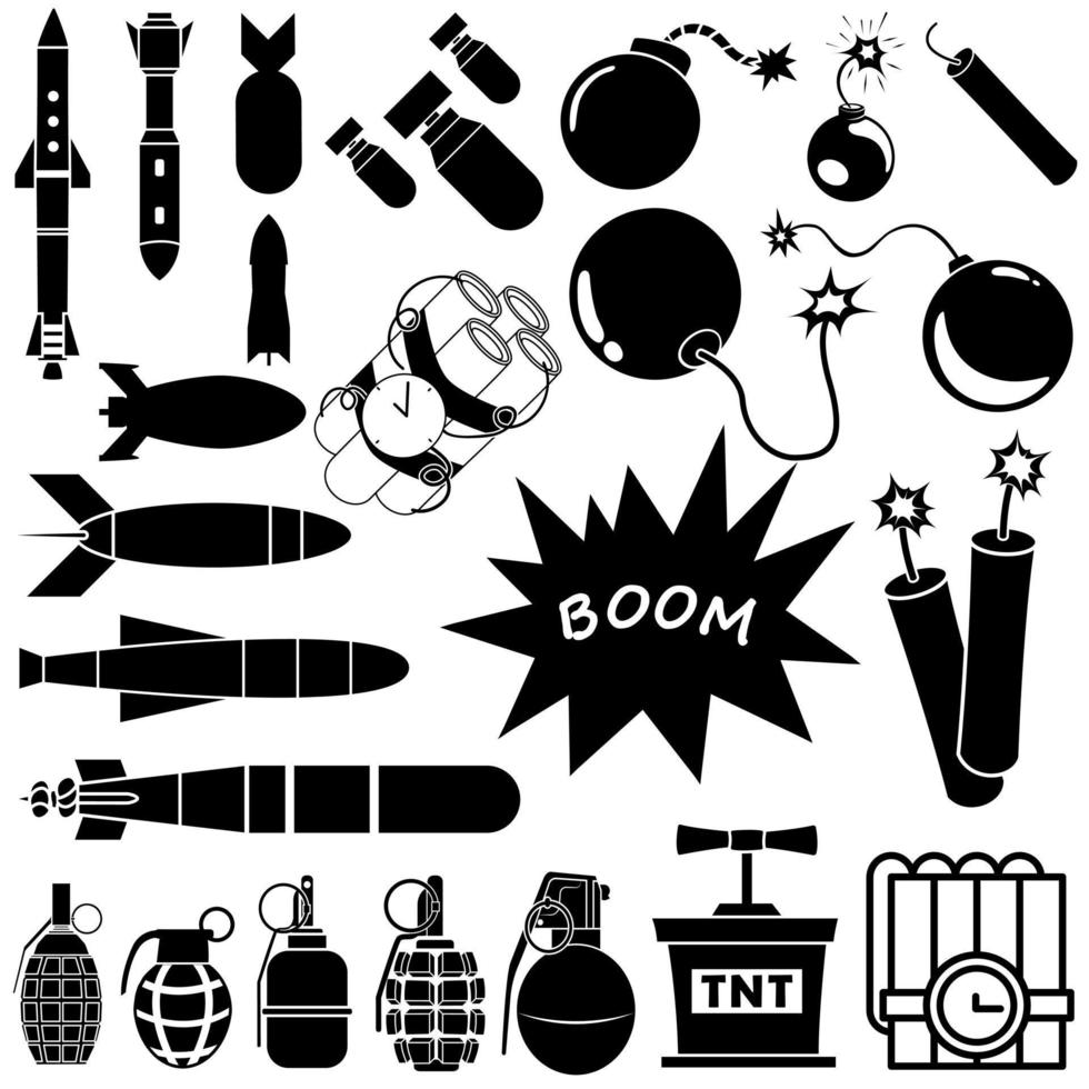 Vektor-Set für Bombensymbole. Sammlung von Explosionsillustrationszeichen. Waffensymbol. Kriegslogo. vektor