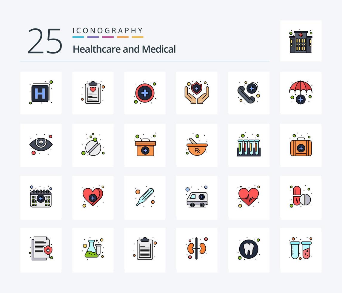 medizinisches Icon-Pack mit 25 Zeilen gefüllt, einschließlich Pflege. Notfall. Gesundheitswesen. Anruf. beschützen vektor