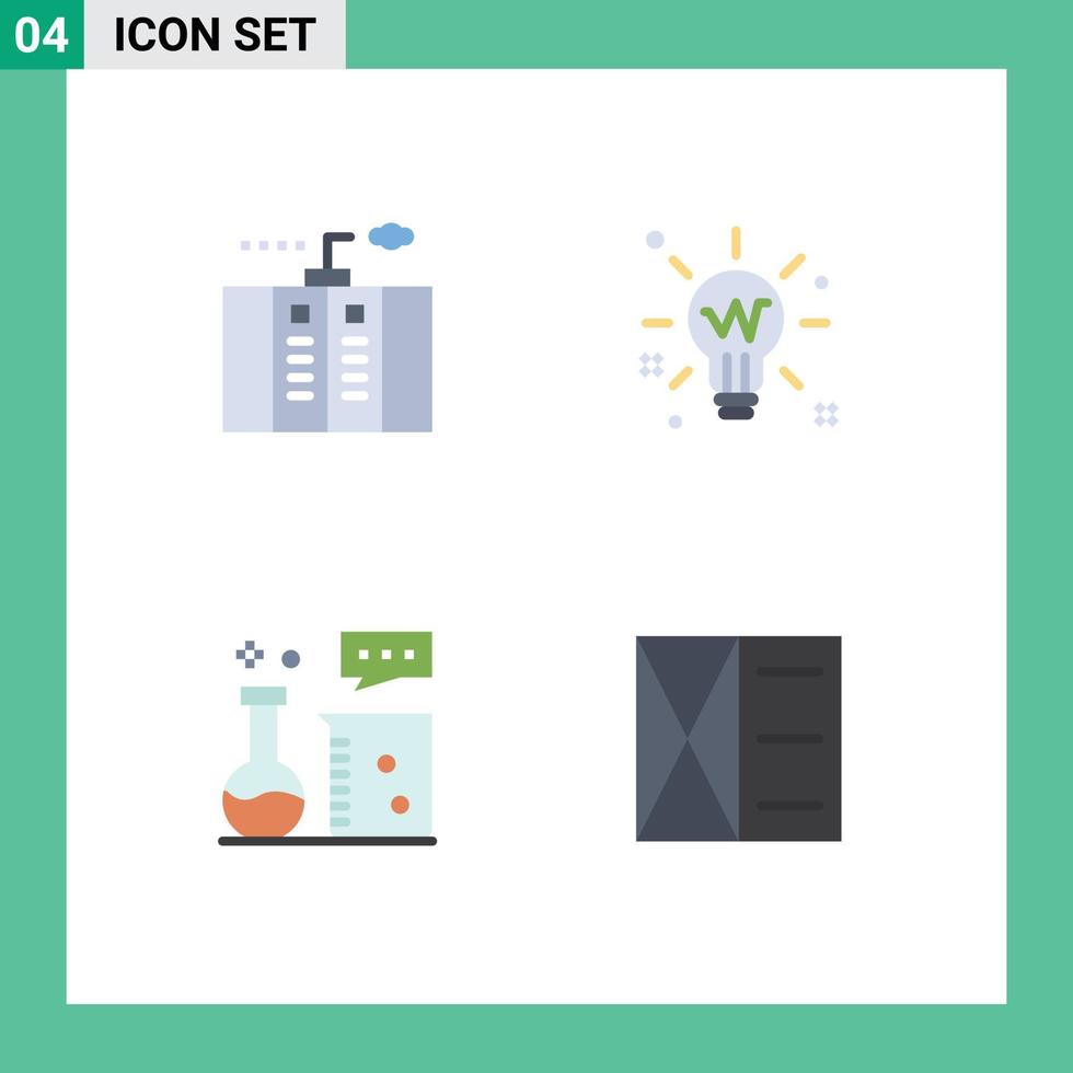 flaches Icon-Paket mit 4 universellen Symbolen für Strom-Glühen-Generator-Licht-Chemie-Labor editierbare Vektor-Design-Elemente vektor