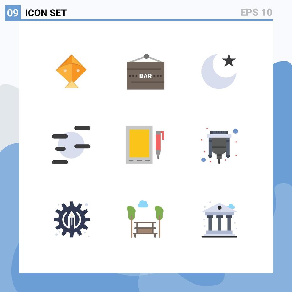 mobile Schnittstelle flacher Farbsatz von 9 Piktogrammen von Designzellen Mond mobiler Raum editierbare Vektordesign-Elemente vektor
