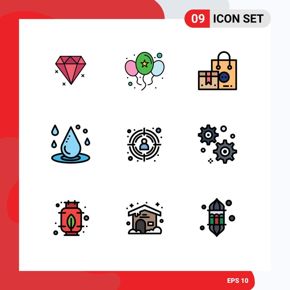 Filledline Flat Color Pack mit 9 universellen Symbolen für das Zielwasserprodukt Spa Drop Water editierbare Vektordesign-Elemente vektor