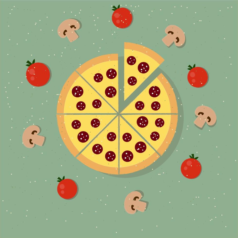 Peperoni-Pizza mit Pilzen und Tomaten im Retro-Stil. flache Abbildung. vektor