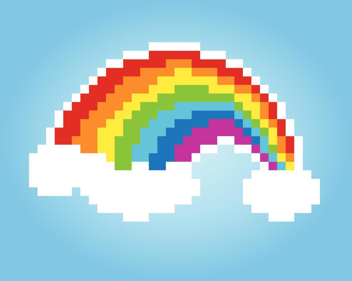 8-Bit-Pixel-Regenbogen mit Wolken, für Spielelemente und Kreuzstichmuster in Vektorgrafiken. vektor