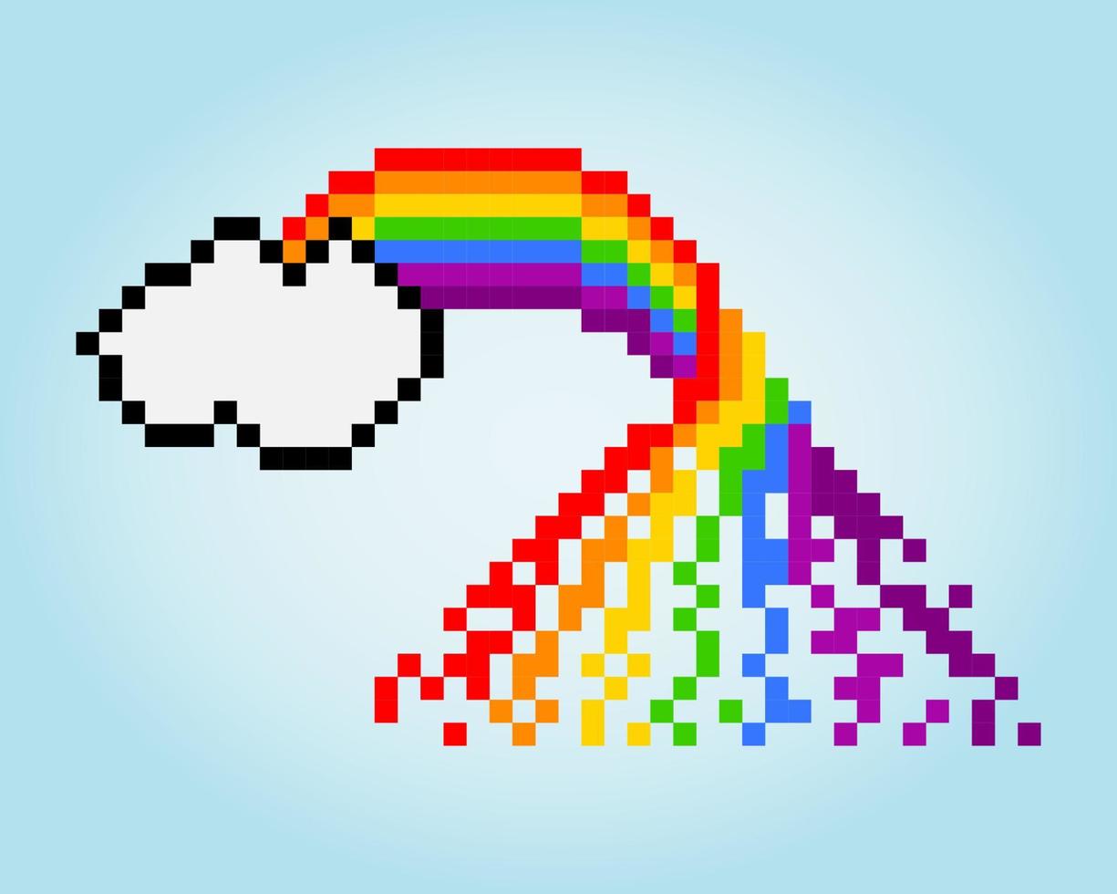 8-Bit-Pixel-Regenbogen mit Wolken, für Spielelemente und Kreuzstichmuster in Vektorgrafiken. vektor