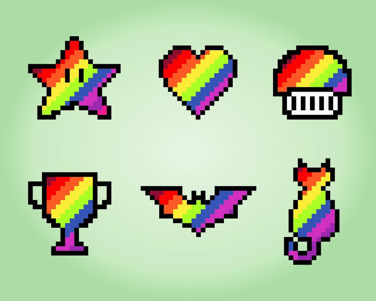 8 bitars pixel hjärta, svamp, fladdermus, trofé, stjärna och katt i regnbågsfärg. för tillgångsspel och korsstygnsmönster i vektorillustrationer. vektor