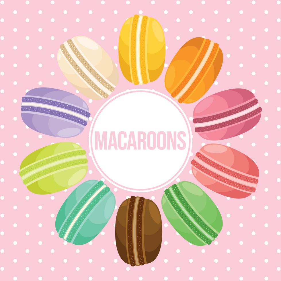 dessert französische makronen oder macaron. Nahtloses Vektormuster für Papier, Verpackung, Stoffe. Pastellfarben der Designillustrationskunst der Karikatur flache auf buntem Hintergrund. vektor