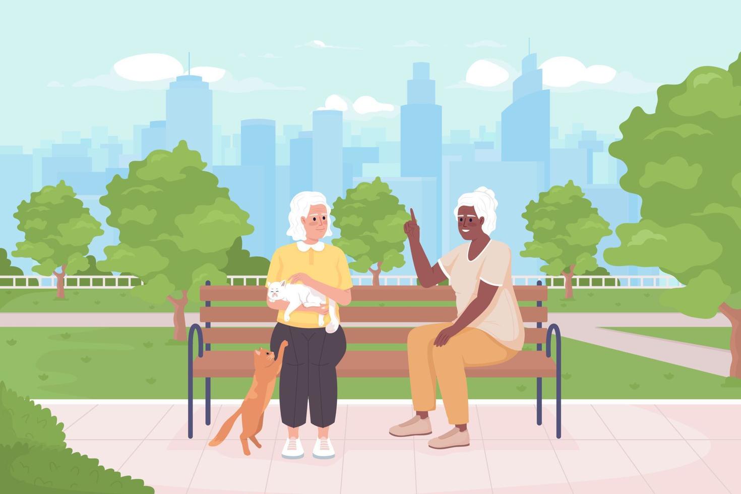 vänskap i sent vuxen ålder platt Färg vektor illustration. äldre kvinnor talande och spelar med katter. fullt redigerbar 2d enkel tecknad serie tecken med offentlig grön Plats, skyskrapor på bakgrund