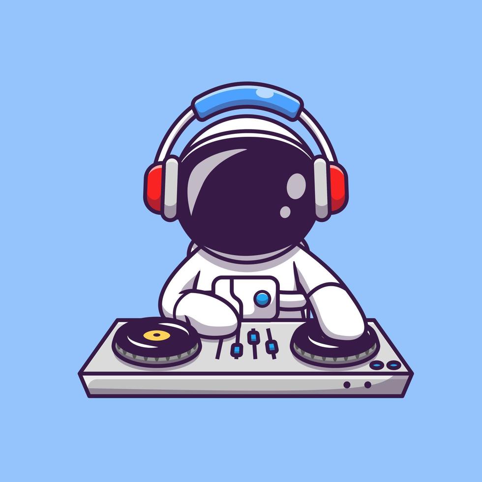niedlicher astronaut, der dj-elektronische musik mit kopfhörer-cartoon-vektorsymbolillustration spielt. Symbolkonzept für Wissenschaftstechnologie isolierter Premium-Vektor. flacher Cartoon-Stil vektor
