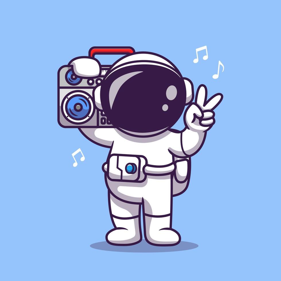 niedlicher astronaut, der musik mit boombox-cartoon-vektorsymbolillustration hört. Symbolkonzept für Wissenschaftstechnologie isolierter Premium-Vektor. flacher Cartoon-Stil vektor