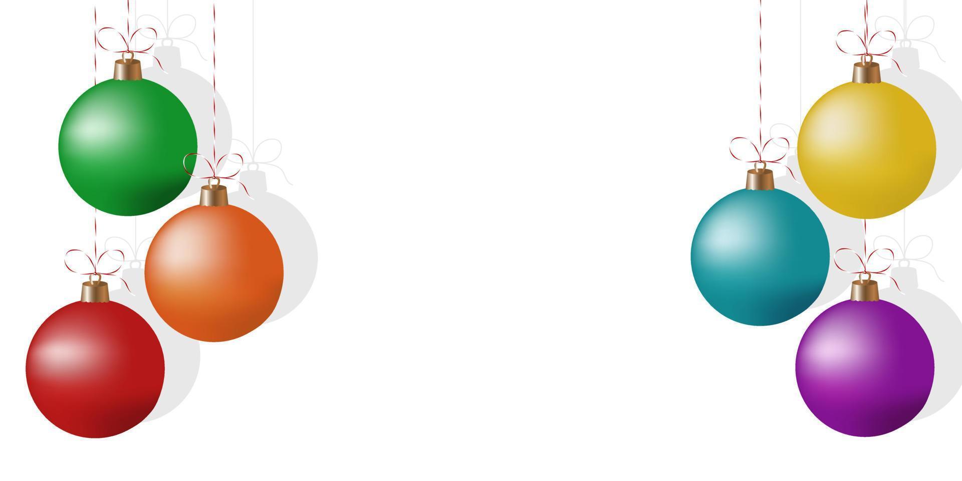 bunte realistische weihnachtsbaumkugeln auf weißem hintergrund. neujahrs- oder weihnachtshintergrund mit weihnachtsschmuck und platz für text. modernes Hintergrunddesign. vektor