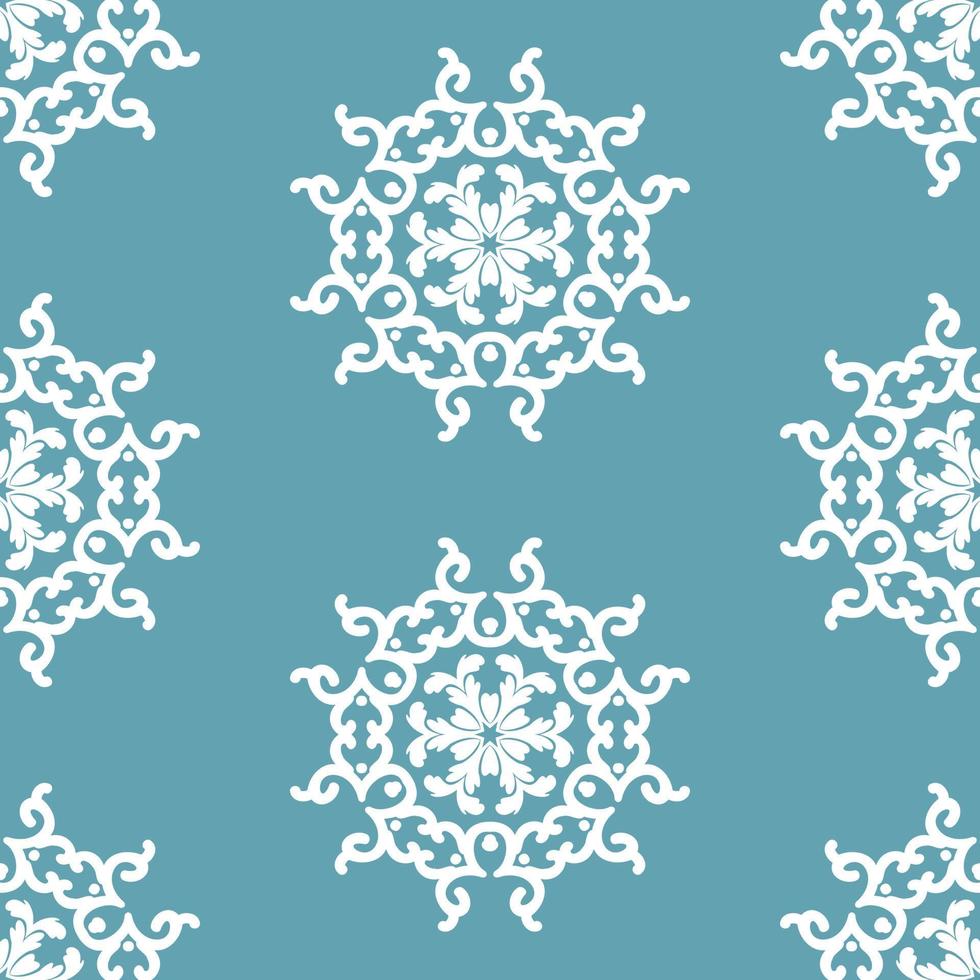 vit mönstrad snöflingor på blå bakgrund. vinter- bakgrund. cirkulär prydnad, mandala. vektor sömlös mönster. för tyg, tapet eller förpackning.