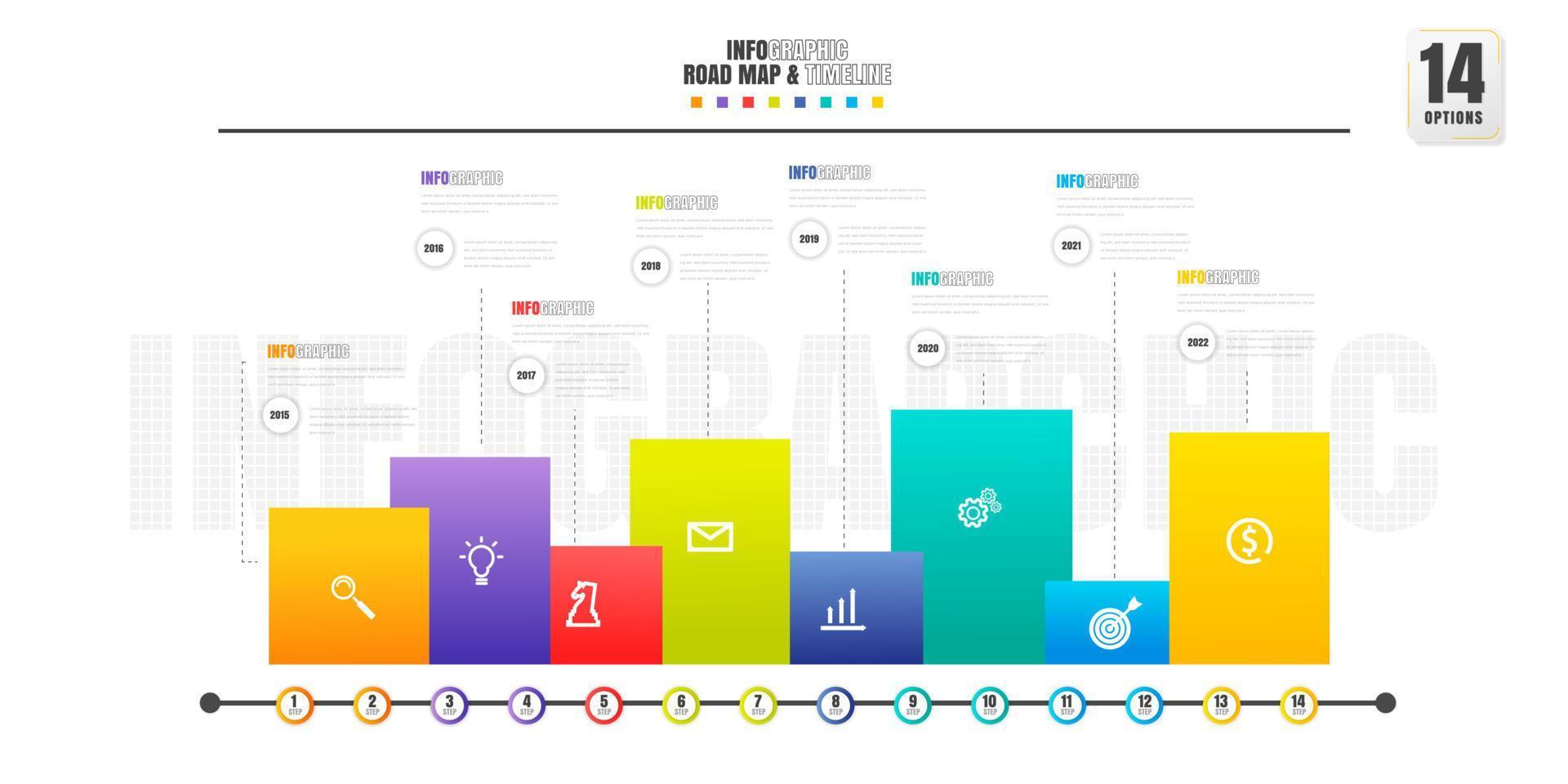 tidslinje infographics design mall med 14 alternativ, bearbeta diagram. vektor