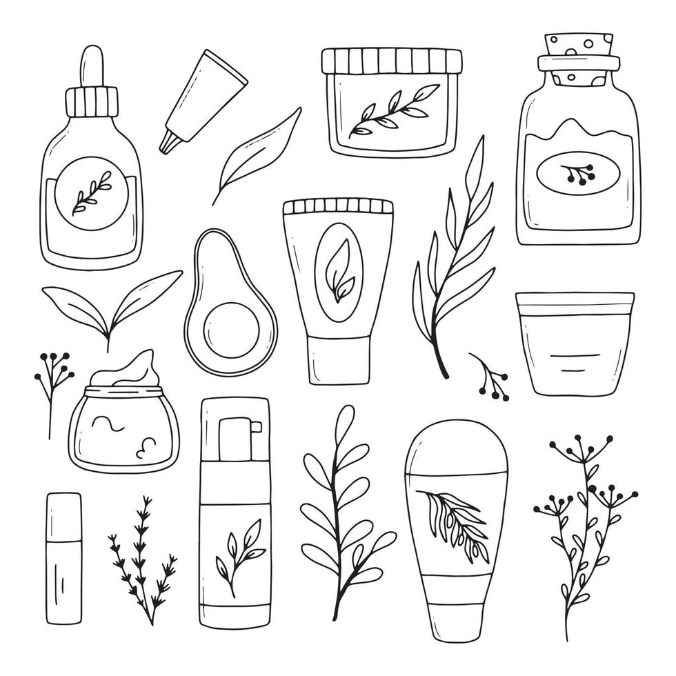 uppsättning av naturlig kosmetika. samling av organisk kosmetika för hud vård. ört- kosmetika. vektor illustration. klotter stil.