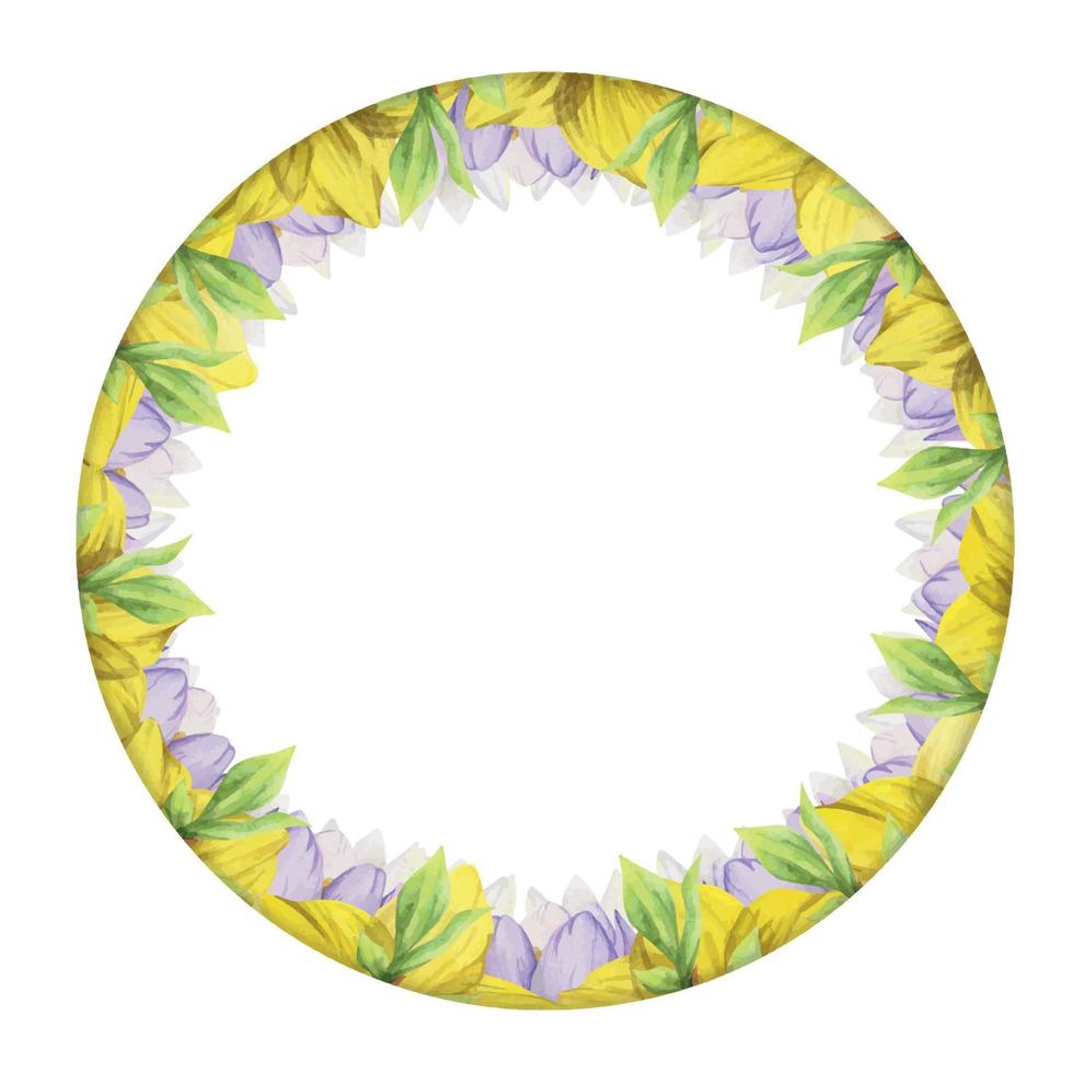 vattenfärg hand dragen cirkel krans med vår blommor, påskliljor, krokus, snödroppar, löv. isolerat på vit bakgrund. design för inbjudningar, bröllop, hälsning kort, tapet, skriva ut, textil. vektor