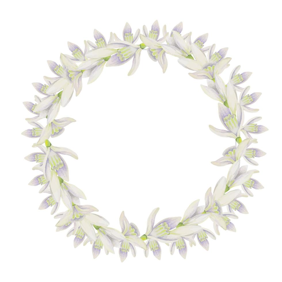 aquarell handgezeichneter kreiskranz mit frühlingsblumen, narzissen, krokus, schneeglöckchen, blättern. isoliert auf weißem Hintergrund. design für einladungen, hochzeit, grußkarten, tapeten, druck, textil. vektor