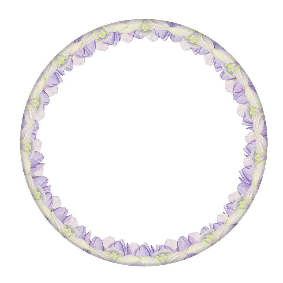 aquarell handgezeichneter kreiskranz mit frühlingsblumen, narzissen, krokus, schneeglöckchen, blättern. isoliert auf weißem Hintergrund. design für einladungen, hochzeit, grußkarten, tapeten, druck, textil. vektor