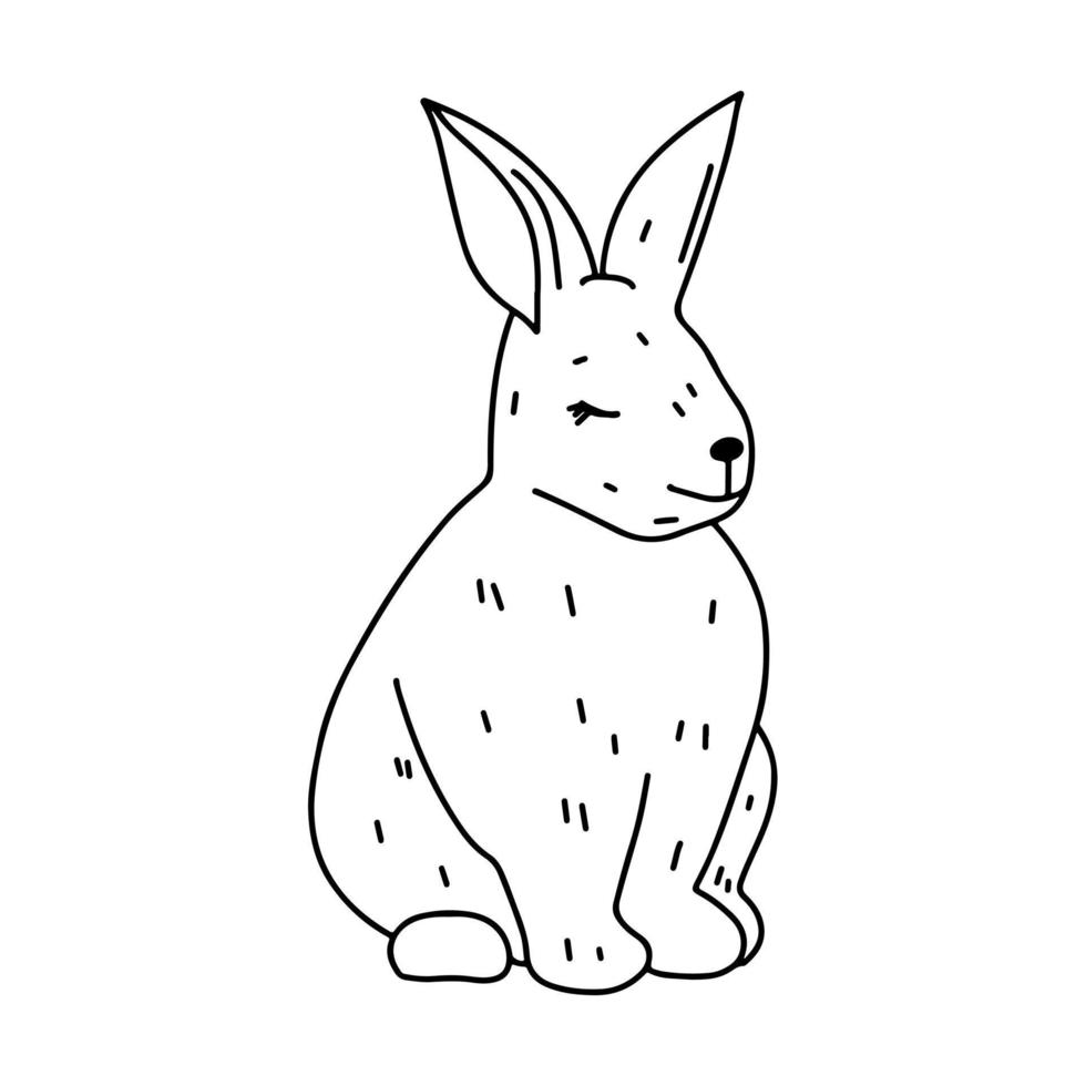 entzückender Hase im handgezeichneten Doodle-Stil. süßes Häschen sitzt. Haustier. malvorlagen aktivität. isoliert auf weißem Hintergrund. vektor
