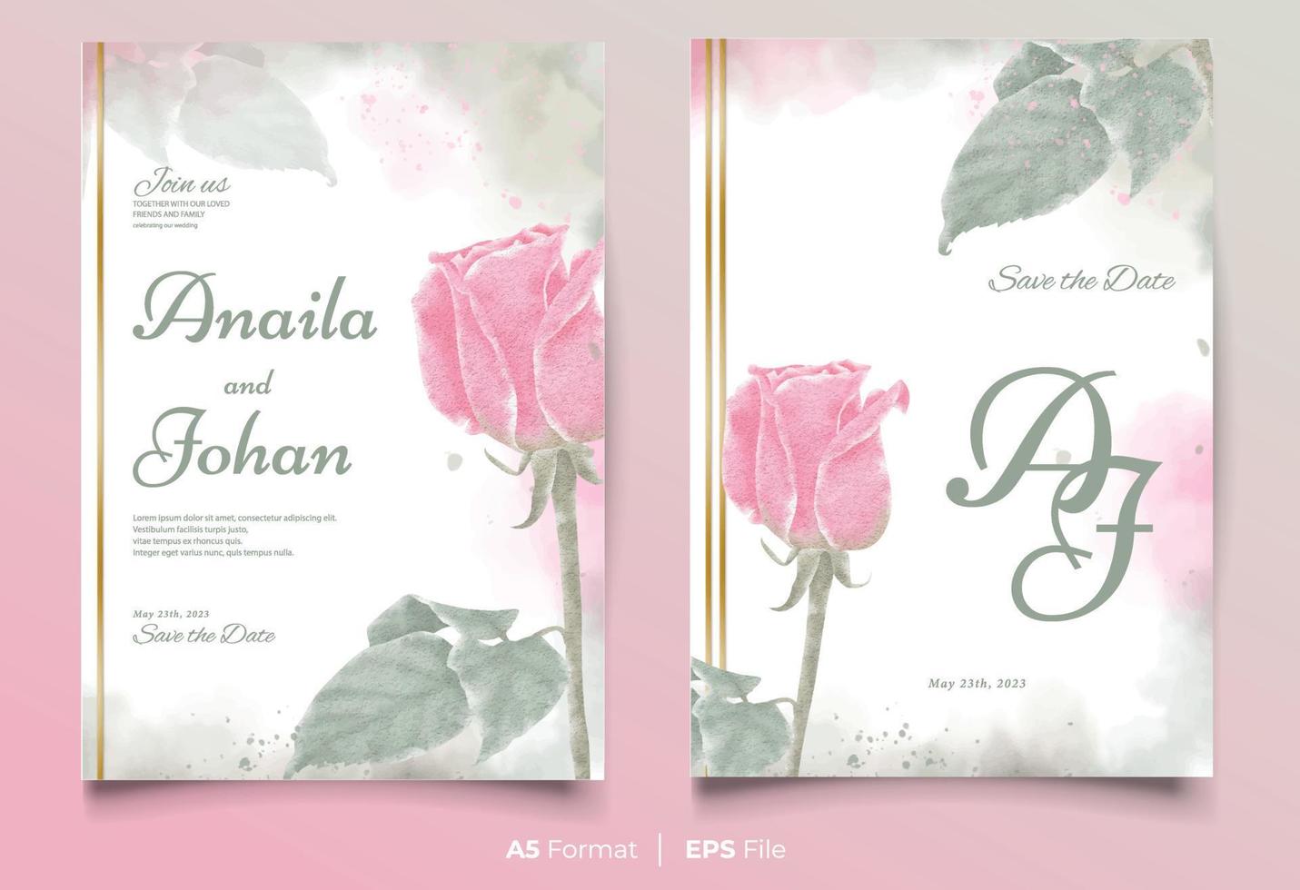 akvarell bröllopsinbjudan mall med rosa och gröna blommor prydnad vektor