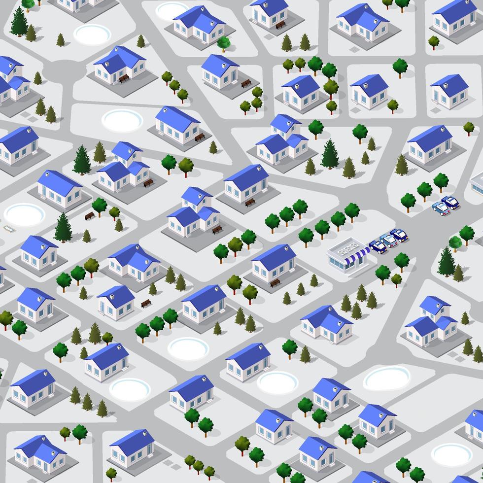 ein blick auf die isometrische 3d-illustrationsansicht eines häuschen-reihenhaus-bungalows, wohn-, villendorfes von oben vektor